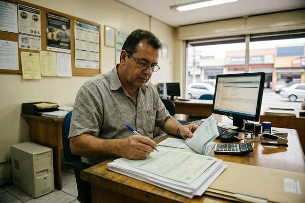 Despachante revisando documentos necessários para a transferência de veículo em Franco da Rocha.